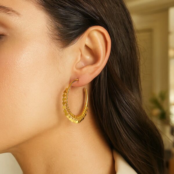 14k Yellow Gold Hoop Style Earrings with Dangling Sequins(1.5x30mm) - alternate view 3