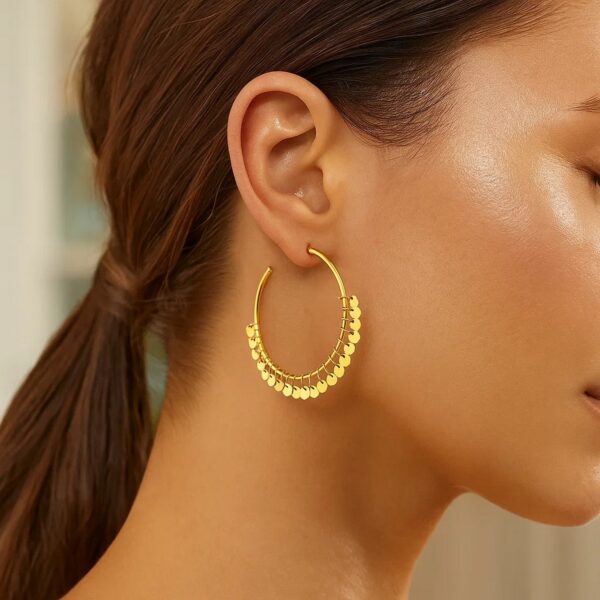 14k Yellow Gold Hoop Style Earrings with Dangling Sequins(1.5x30mm) - alternate view 4