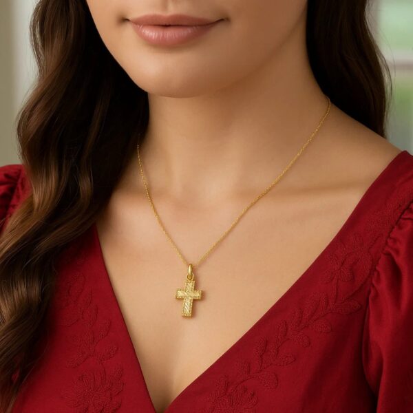 14K Yellow Gold Diamond Cut Cross Necklace - alternate view 3