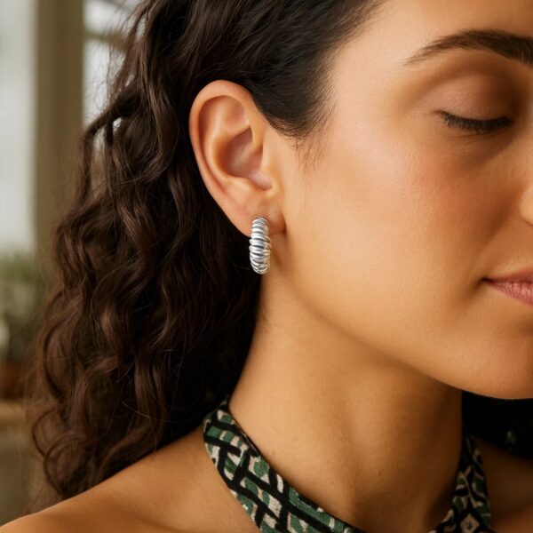 Sterling Silver Rhodium Plated Small Ribbed Twisted Hoop Earrings - alternate view 3