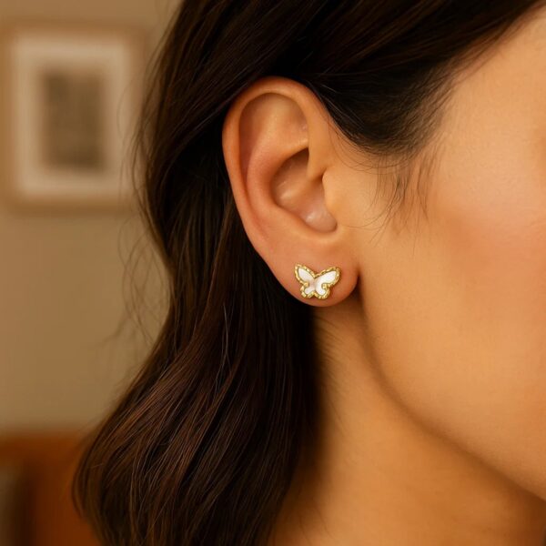 14K Yellow Gold Mother of Pearl Butterfly Stud Earrings - alternate view 3