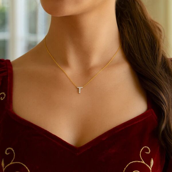 14K Yellow Gold Mini Diamond T Initial Pendant Necklace - alternate view 4
