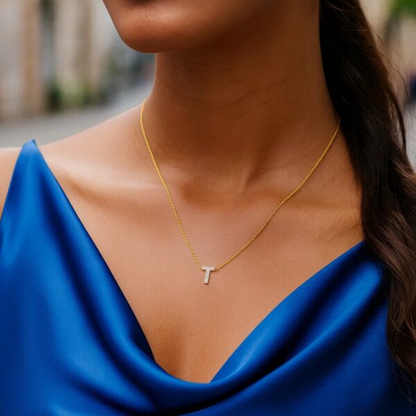 14K Yellow Gold Mini Diamond T Initial Pendant Necklace - alternate view 5