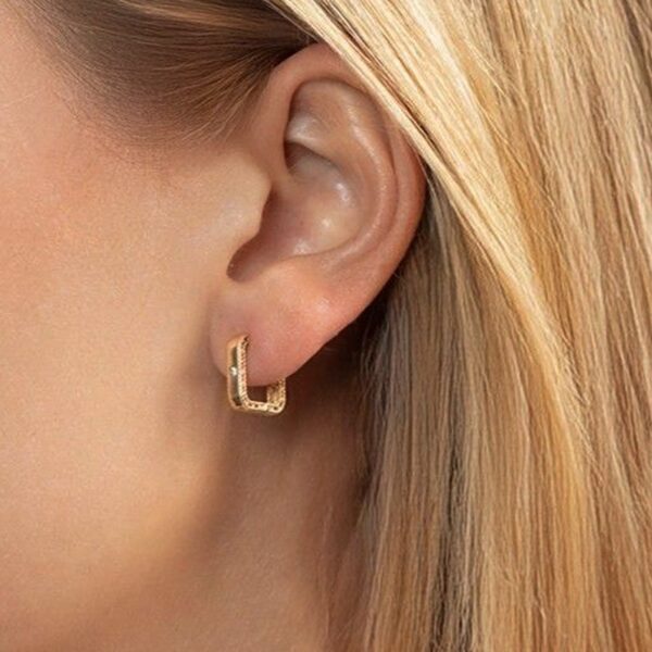 14K Yellow Gold Diamond Square Huggie Earrings - alternate view 4