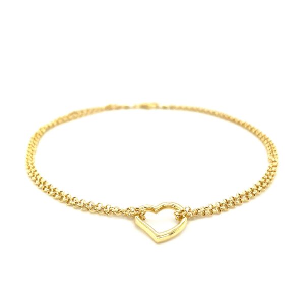 10k Yellow Gold Double Rolo Chain Anklet with an Open Heart Station - alternate view 2