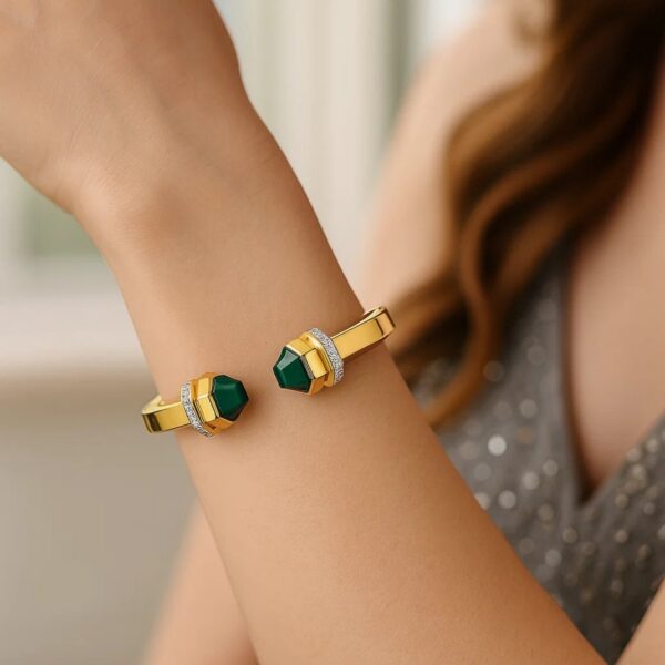 14K Yellow Gold Green Pyramid Art Deco Cuff Bangle (10.70 mm) - alternate view 5