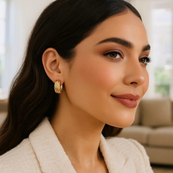 14K Yellow Gold Ribbed Hoop Earrings - alternate view 2