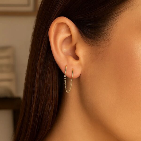 14k Yellow Gold Two Hole Huggie Style Hoop Earrings - alternate view 3