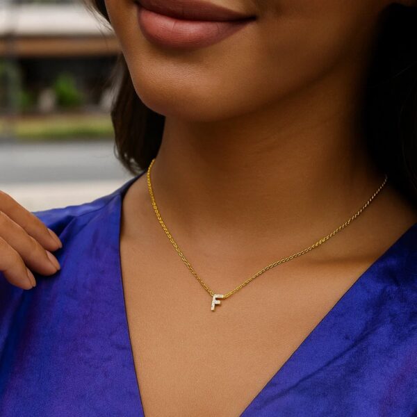 14K Yellow Gold Mini Diamond F Initial Pendant Necklace - alternate view 5