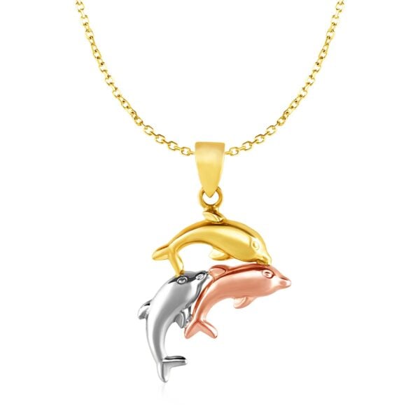 Pendant with Three Dolphins in 10k Tri Color Gold - Tri-Color Gold