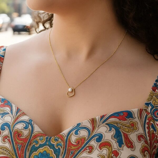 Open Heart and Pearl Necklace in 14K Yellow Gold - alternate view 3