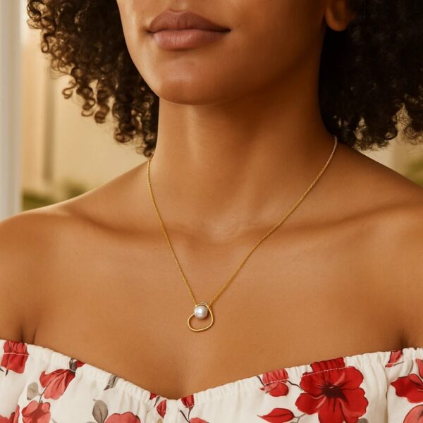 Open Heart and Pearl Necklace in 14K Yellow Gold - alternate view 4