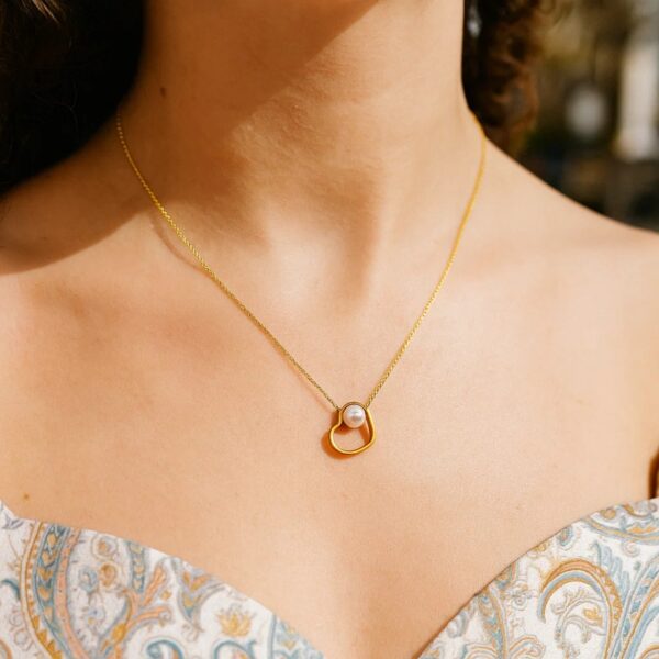 Open Heart and Pearl Necklace in 14K Yellow Gold - alternate view 5