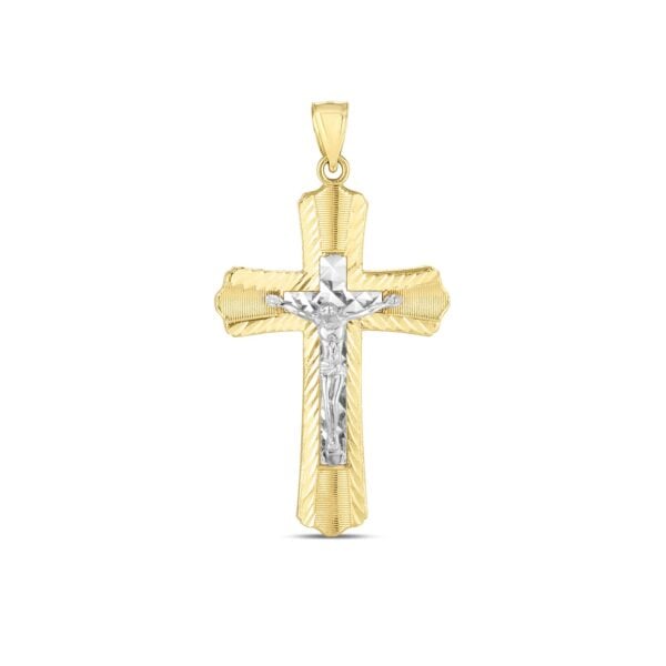 14k Two Tone Gold High Polish Diamond Cut Cross Pendant - Two-Tone Gold
