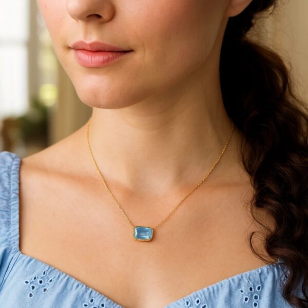 14K Yellow Gold Emerald Cut Blue Topaz Necklace - alternate view 4