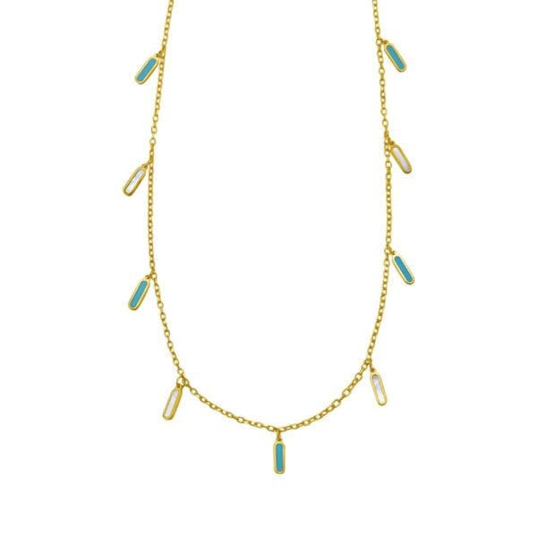14K Yellow Gold Turquoise And MOP Inlay Station Necklace