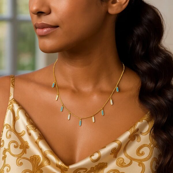 14K Yellow Gold Turquoise And MOP Inlay Station Necklace - alternate view 4