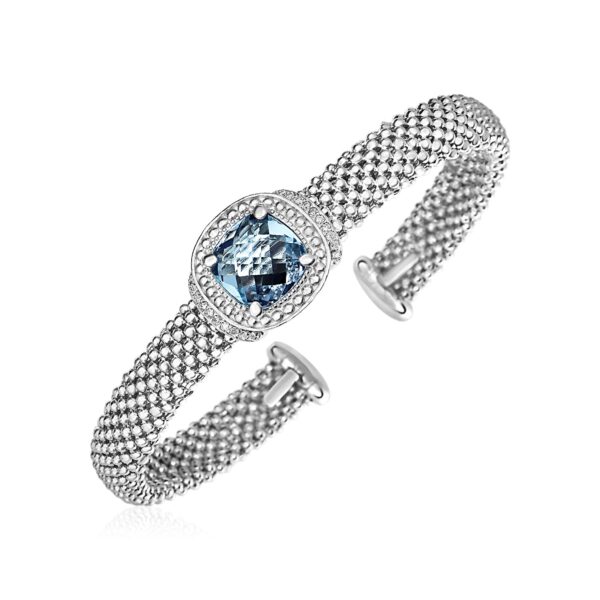 Popcorn Texture Cuff Bangle with Blue Topaz and Diamonds in Sterling Silver - J