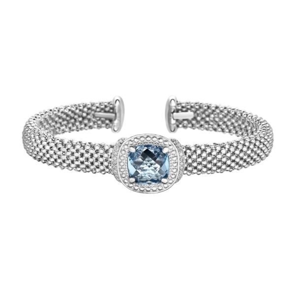 Popcorn Texture Cuff Bangle with Blue Topaz and Diamonds in Sterling Silver - J - alternate view 2