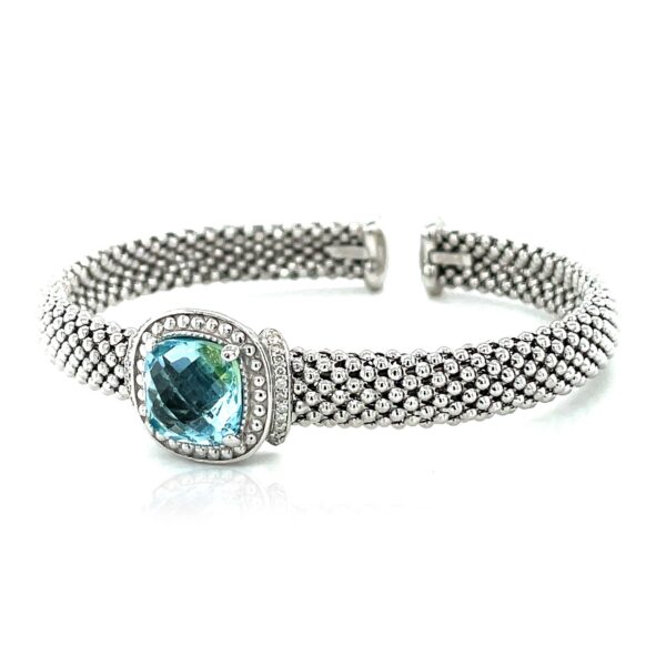 Popcorn Texture Cuff Bangle with Blue Topaz and Diamonds in Sterling Silver - J - alternate view 3