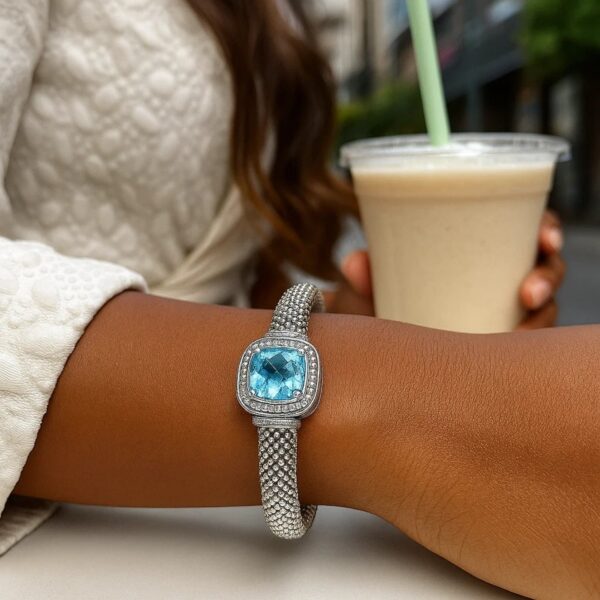Popcorn Texture Cuff Bangle with Blue Topaz and Diamonds in Sterling Silver - J - alternate view 5