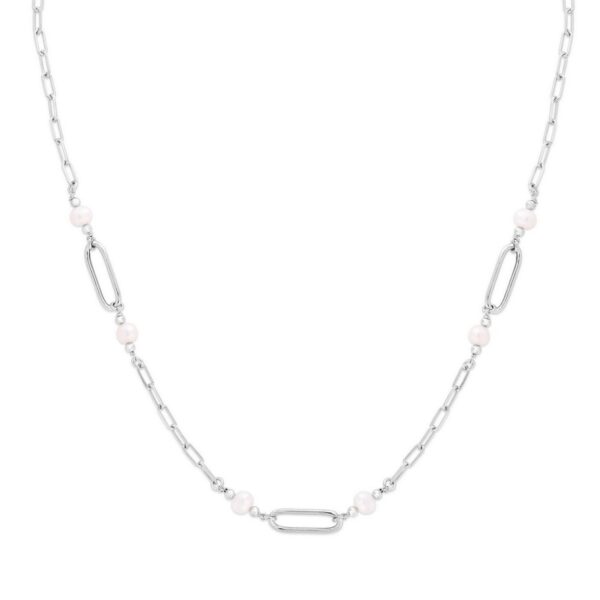 Sterling Silver Rhodium Plated Freshwater Pearl Paperclip Necklace