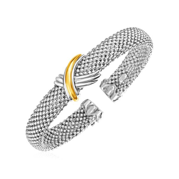Popcorn Texture Cuff Bangle in Sterling Silver and 18k Yellow Gold (10.00 mm) - Yellow Gold &amp; Sterling Silver
