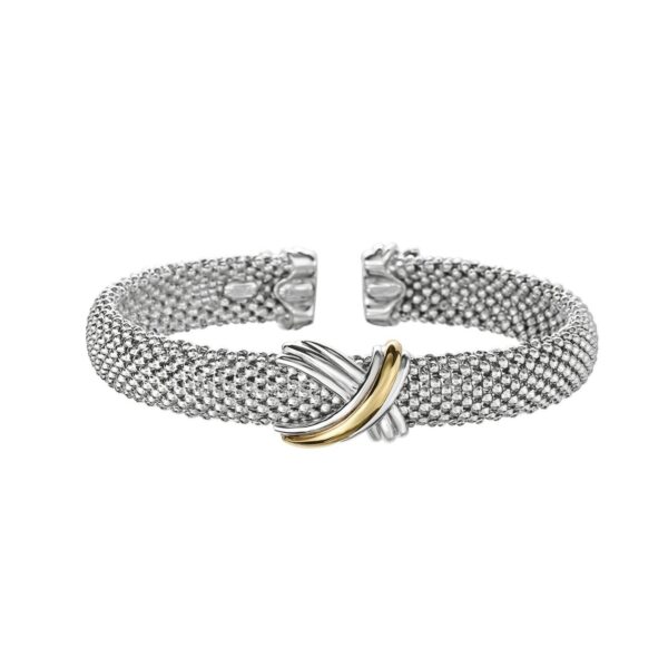 Popcorn Texture Cuff Bangle in Sterling Silver and 18k Yellow Gold (10.00 mm) - Yellow Gold &amp; Sterling Silver - alternate view 2