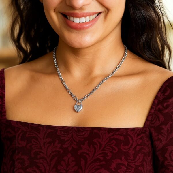 Sterling Silver Rhodium Plated Heart Padlock Figaro Necklace - alternate view 3