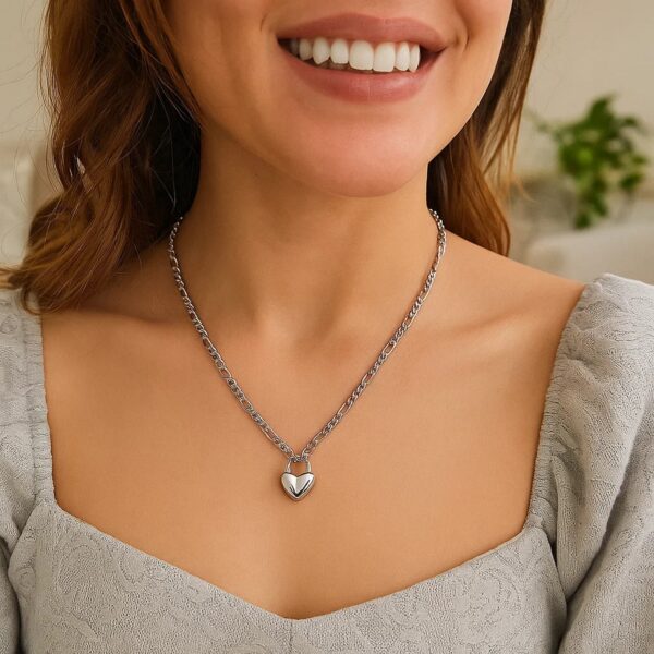 Sterling Silver Rhodium Plated Heart Padlock Figaro Necklace - alternate view 4