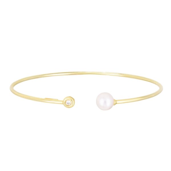 14k Yellow Gold Cuff Bangle with Pearl and Diamond (3.00 mm) - alternate view 2