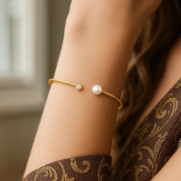 14k Yellow Gold Cuff Bangle with Pearl and Diamond (3.00 mm) - alternate view 3
