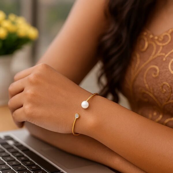 14k Yellow Gold Cuff Bangle with Pearl and Diamond (3.00 mm) - alternate view 4