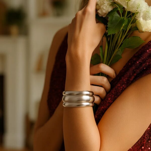 Sterling Silver Rhodium Plated Bold Ribbed Cuff Bangle (25.00 mm) - alternate view 3