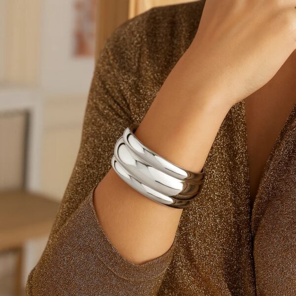 Sterling Silver Rhodium Plated Bold Ribbed Cuff Bangle (25.00 mm) - alternate view 4