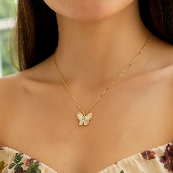 14k Yellow Gold High Polish Butterfly Peral Paste Necklace - alternate view 4