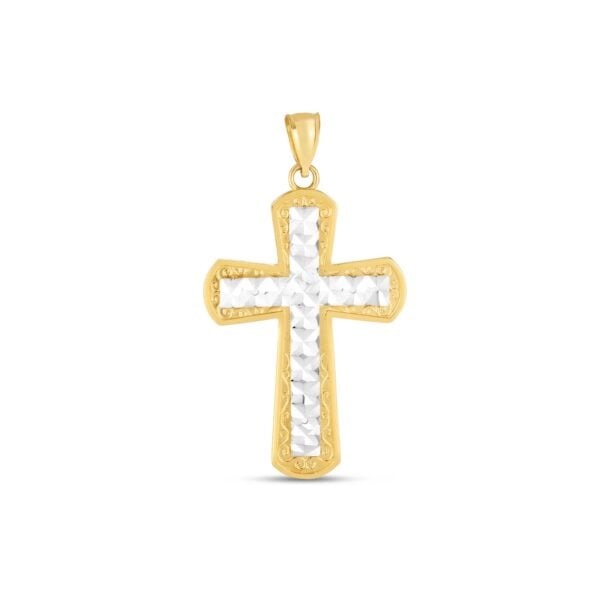 14k Two Tone Gold High Polish Diamond Cut Cross Pendant - Two-Tone Gold