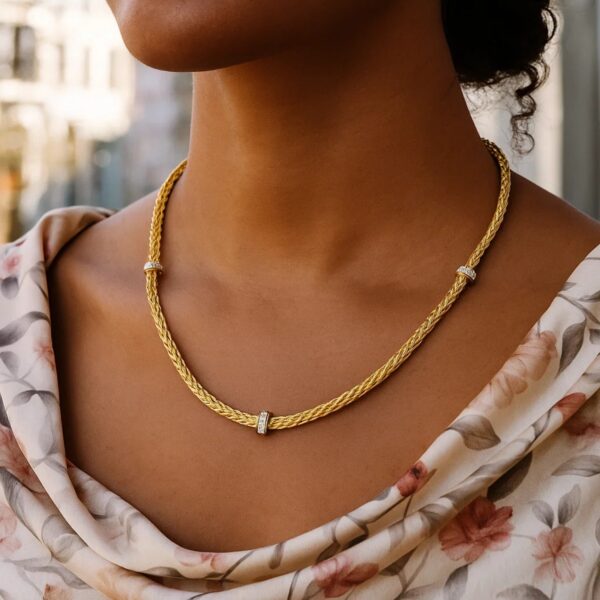 Woven Rope Necklace with Diamond Accents in 14k Yellow Gold - J - alternate view 3