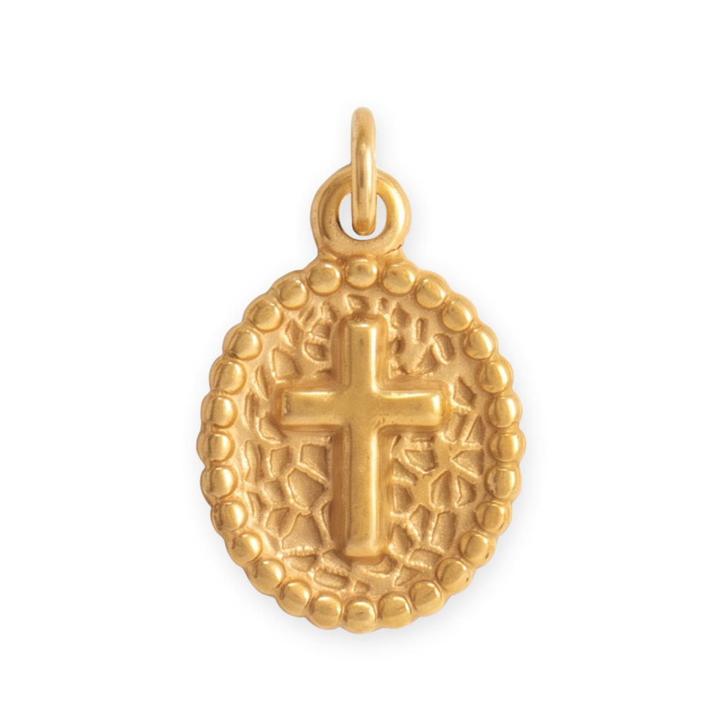 18 Karat Gold PVD Stainless Steel Oval Cross Medallion Charm
